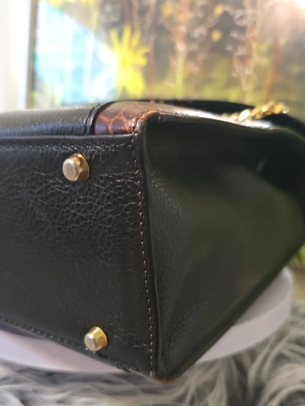 Bally Vintage Leather Satchel Croc Embossed Top Handle Bag Black Brown